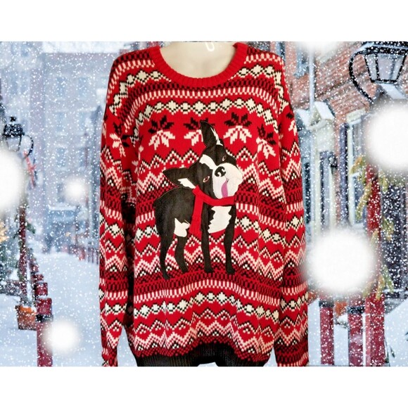 33 Degrees Sweaters - Unisex Dog Holiday Sweater Red Ugly Cute Sweater Size Large Bull Dog